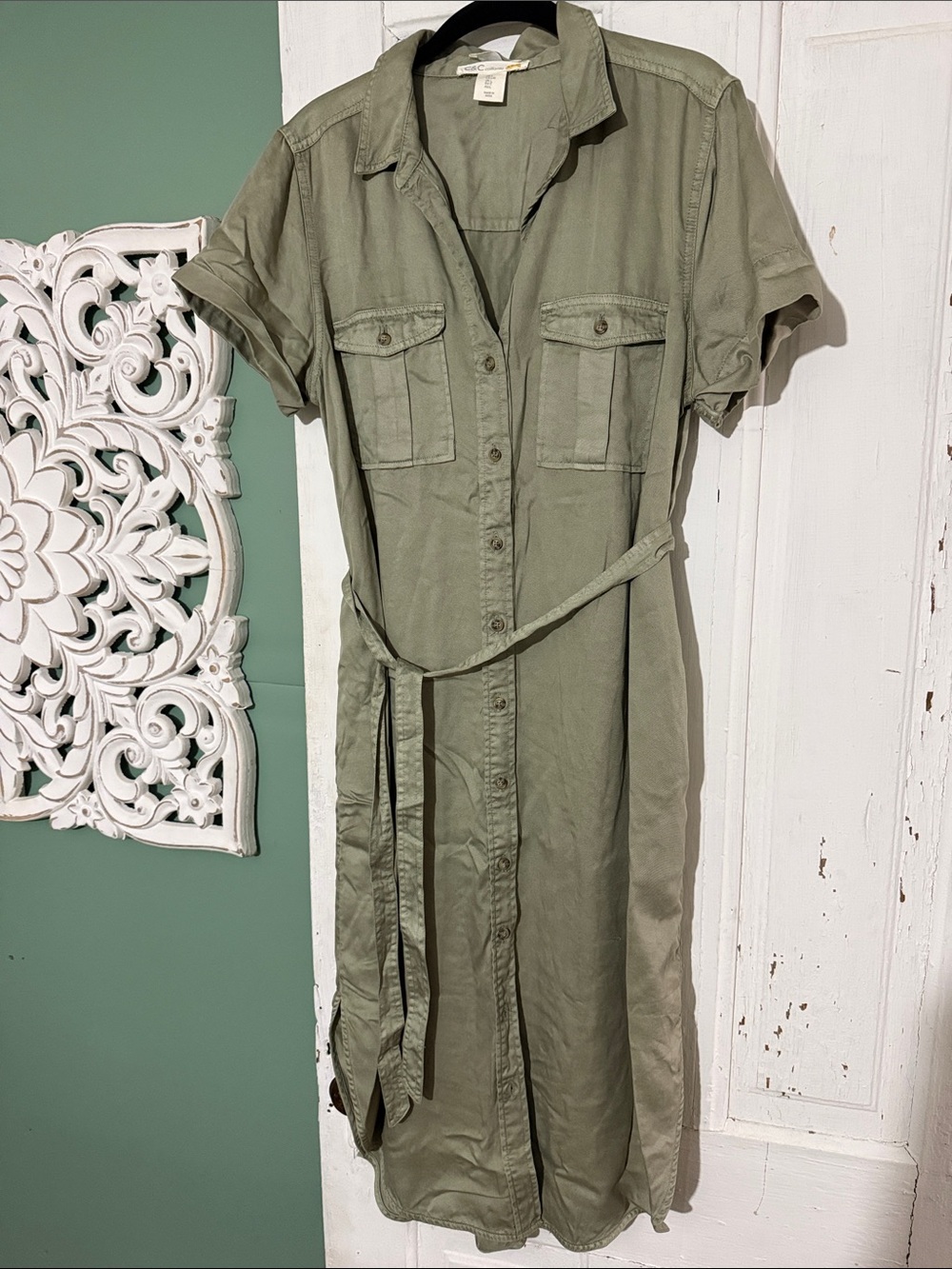 Casual Button-Front Utility Dress with Tie Belt - Sage Green